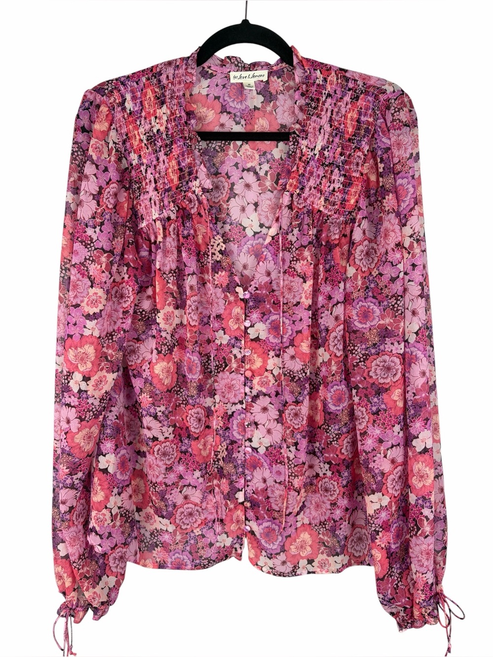 For Love & Lemons Pink Floral Smocked Sheer Blouse Size Medium